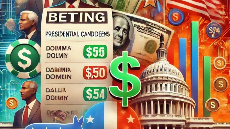 Graphic depicting betting odds for the 2024 U.S. presidential election, featuring key candidates and their respective odds, emphasizing the growing trend of political betting and its impact on election predictions