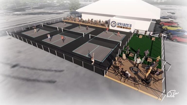 Renderings of Icabod’s Grille’s new pickleball courts and outdoor dining area in Topeka.