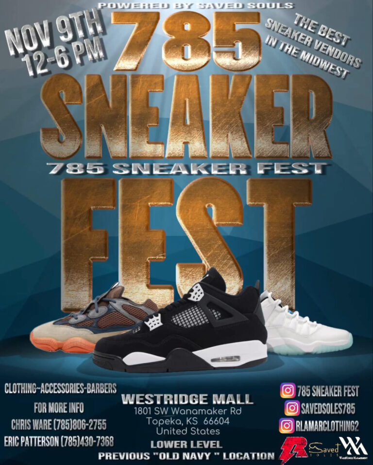 785 Sneaker Fest flyer at Westridge Mall in Topeka, KS on November 9th from 12 PM to 6 PM featuring top sneaker vendors, clothing, accessories, and barbers.