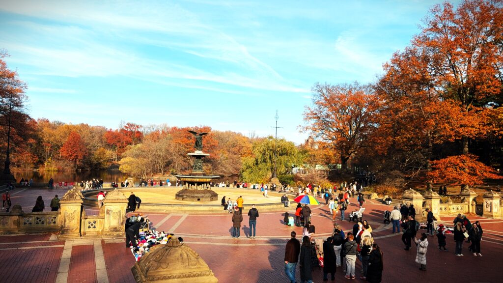 A serene daytime view of Central Park, showcasing a tree-lined path with golden autumn leaves. Joggers and walkers enjoy the crisp air, while the city’s skyscrapers rise in the background, creating a perfect blend of nature and urban life