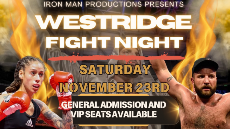 Promotional banner for West Ridge Fight Night on November 23rd, featuring Midwest fighters and event details.