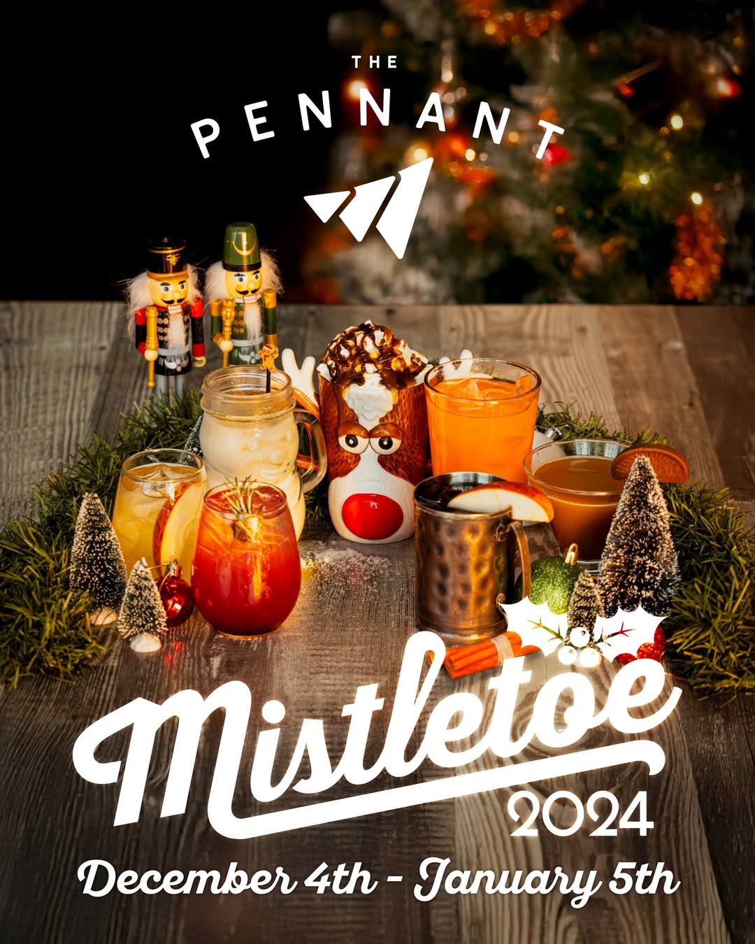 Flyer for The Pennant's Mistletoe 2024 holiday pop-up in Topeka, Kansas, featuring festive decorations, seasonal cocktails, and holiday cheer, running from December 4th to January 5th.