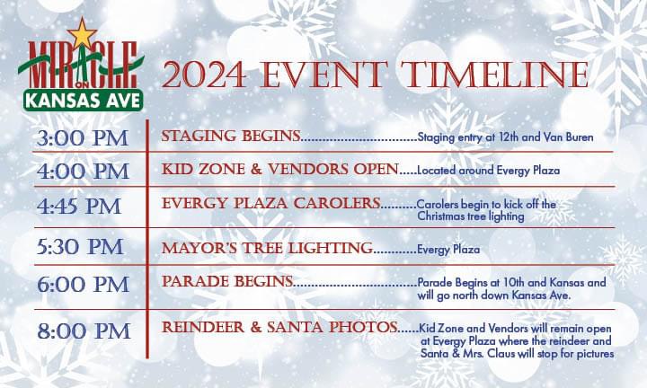 Miracle on Kansas Avenue 2024 Event Timeline featuring staging, kid zone, carolers, Mayor's tree lighting, parade, and Santa photos.