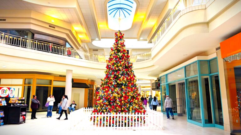 A towering Christmas tree, adorned with twinkling lights and ornaments, stands tall in the center of a busy mall.