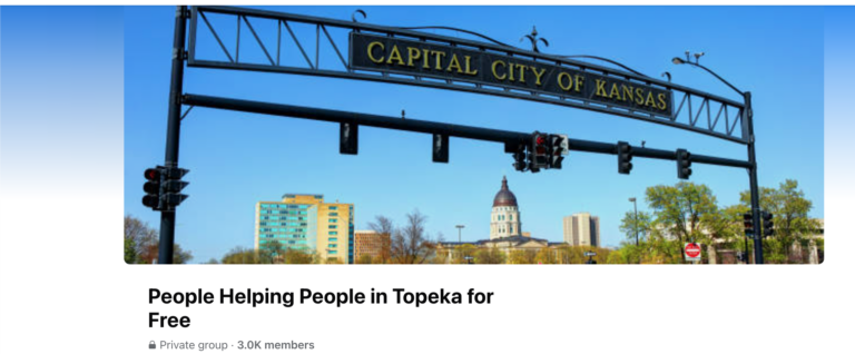 A screenshot of the Facebook group 'People Helping People in Topeka for Free,' showcasing a vibrant online community connecting Topeka residents for mutual aid and support