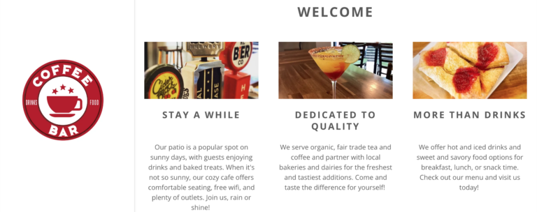 Screenshot of Coffee Bar Topeka’s website featuring its menu, offerings of organic and fair-trade coffee, and light bites alongside a cozy community-focused message.