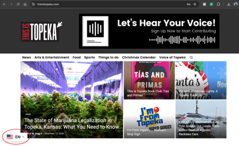 Screenshot of ThisIsTopeka homepage showing language translation pop-up menu with options in multiple languages including Spanish, Arabic, and more.