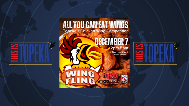 Promotional poster for Wing Fling 2024, Topeka's chicken wing competition, featuring an illustrated chicken logo with event details: December 7, 2 PM-5 PM, at Stormont Vail Event Center.