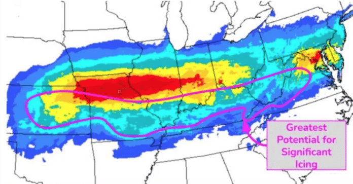 Weather map showing heavy snow accumulation across the Midwest and significant icing potential in the southern region, highlighting the impact of the 2025 winter storm.