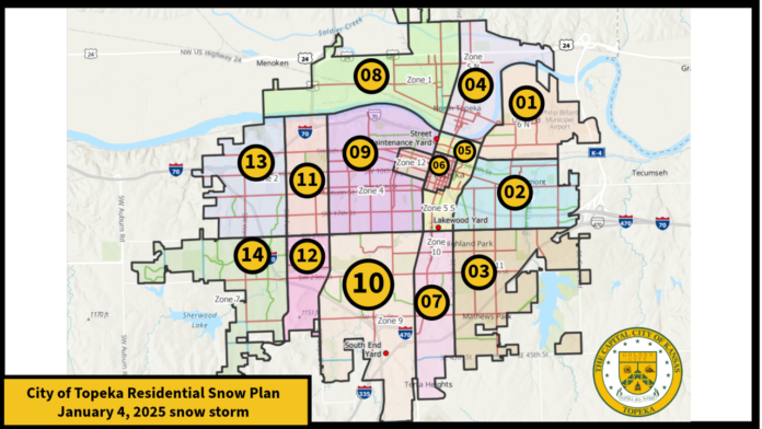 A map of Topeka showing the city's residential snow removal zones for the January 4, 2025, snowstorm. The city is divided into 14 numbered zones, each highlighted in different colors. Key maintenance yards, including Lakewood Yard and South End Yard, are marked for snowplow operations. Major roads and highways, such as I-70 and I-470, are visible for reference. The City of Topeka logo is displayed in the bottom right corner, with a label stating "City of Topeka Residential Snow Plan January 4, 2025 snow storm