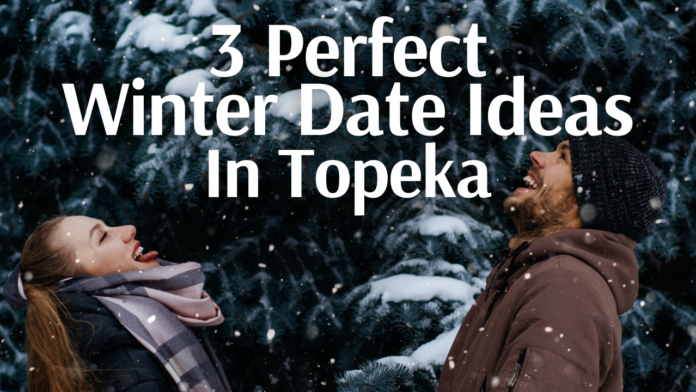 Couple laughing and enjoying a snowy winter day in front of a pine tree, promoting 3 perfect winter date ideas in Topeka, Kansas.