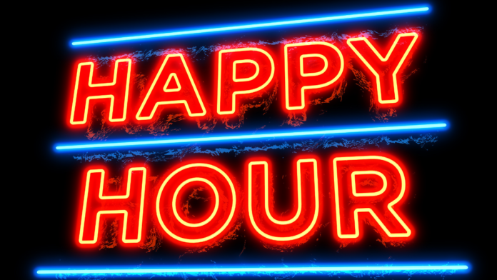 Neon sign reading "Happy Hour" in bold red and blue lights