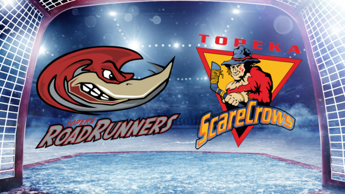 Logos of the Topeka RoadRunners and Topeka ScareCrows hockey teams displayed on an ice rink background under stadium lights.