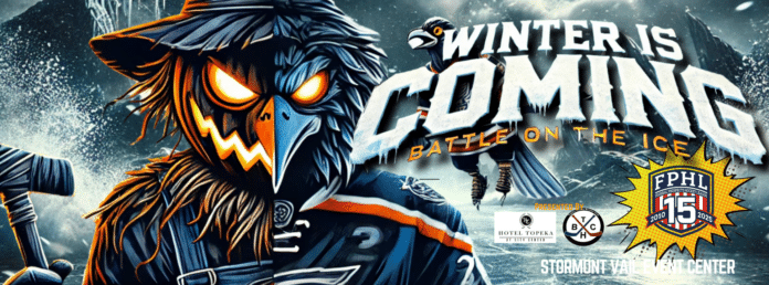 Winter is Coming: Battle on the Ice promotional poster featuring an intense hockey-themed crow mascot with glowing eyes and a hockey stick, Federal Prospects Hockey League 15th anniversary logo, and event details at Stormont Vail Event Center.