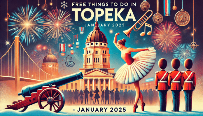 Vibrant collage showcasing free activities in Topeka, Kansas, January 2025, including ballet, the Kansas State Capitol, a symphony performance, and a music festival in a winter setting.