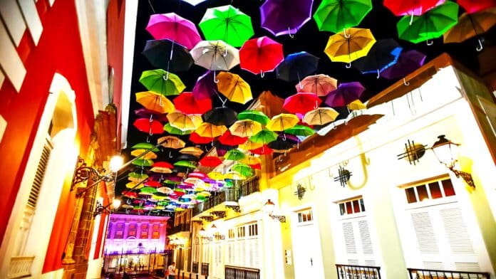 Assorted Coloured Umbrellas Hanging Near Buildings in San Juan Puerto Rico by Reynaldo #brigworkz Brigantty