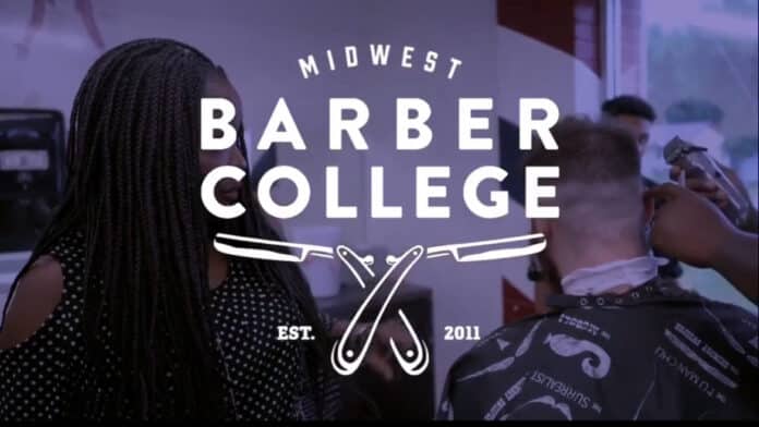 Midwest Barber College logo overlaying an image of a barbershop scene with a barber giving a haircut and a woman observing in the background