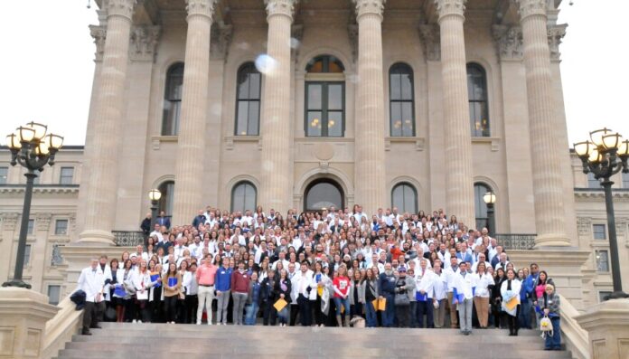 Jen Clark / Kansas Pharmacists Association Hundreds of pharmacists and pharmacy employees rallied at the Capitol in Topeka on Wednesday to demand reform on pharmacy benefit managers